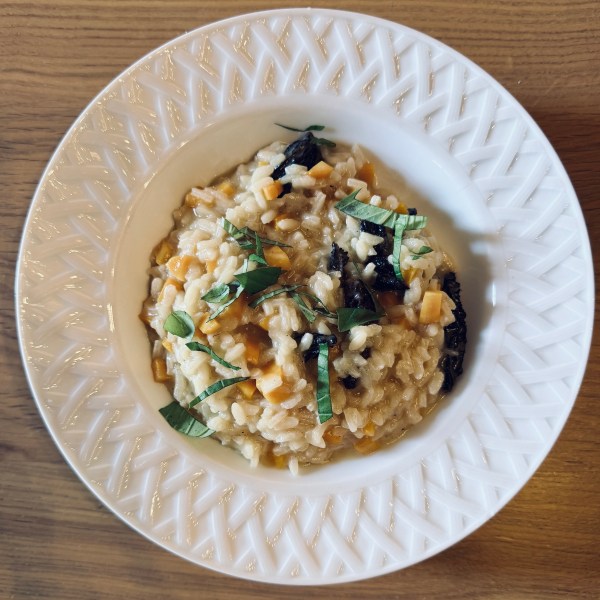 Risotto morilles carottes, bouillon os de boeuf